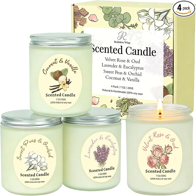 4 Pack Scented Candles Gift Set, Natural Soy Wax Non Toxic 28 oz for Home | Aromatherapy Candles Lavender Eucalyptus Vanilla Coconut Rose, Housewarming Relaxation Spa Birthday teacher Gifts for Women