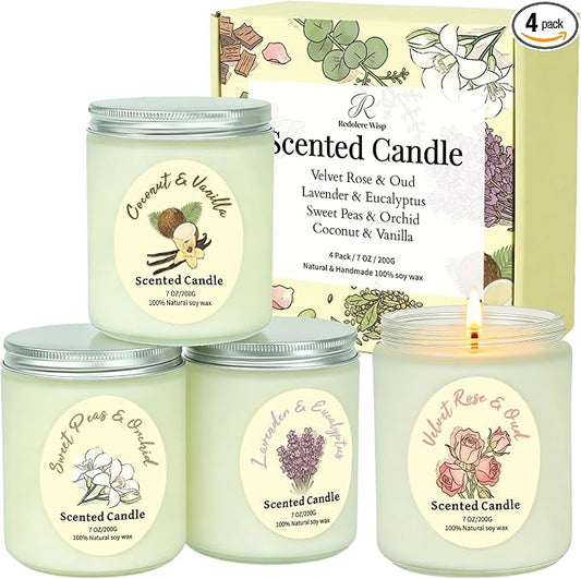 4 Pack Scented Candles Gift Set, Natural Soy Wax Non Toxic 28 oz for Home | Aromatherapy Candles Lavender Eucalyptus Vanilla Coconut Rose, Housewarming Relaxation Spa Birthday teacher Gifts for Women