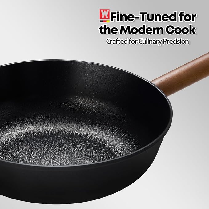 Wagensteiger Aluminum Body Flat Bottom Wok, Restaurant & Business Grade Fry Pan Titanium Coated Non-Stick Surface, Wooden Handle, Made in Korea, Deep Large Skillet, Black(17.91"L x 11.22"W x 3.15"H)