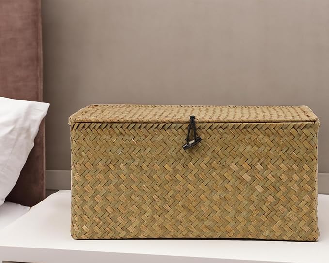 Seagrass Wicker Storage Basket with Lid, X-Large, Natural | Extra Large Box, Shelf Organizer, Rectangular Woven Bin, Multipurpose Home Storage, Natural Decor, 14.3 x 9.4 x 6.9