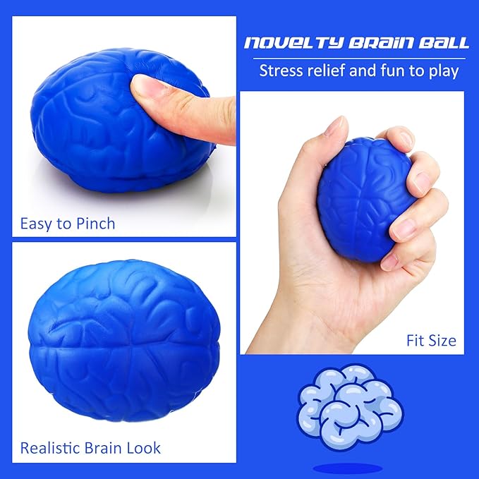 Jenaai Brain Stress Ball Halloween Squeeze Toy 2.76 Inch PU Hand Muscle Exercise Pressure Ball Funny Stress Relief Toy for Adults Improving Grip Strength Release Pressure(Blue)