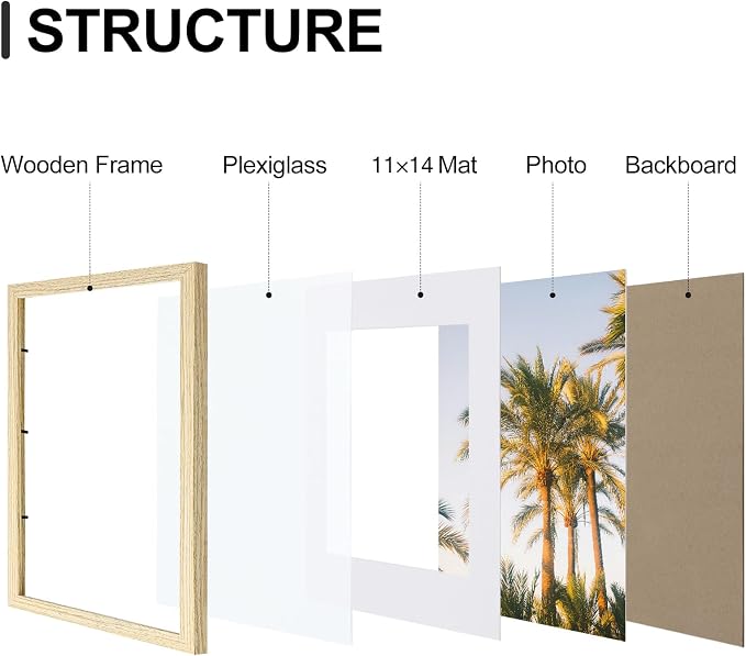 Vittanly 12x16 Picture Frames Set of 9 for Wall Mounting, OAK | Display Pictures 11x14 with Mat or 12x16 without Mat, Engineered Wood with Shatter Resistant Plexiglass, Gallery Photo Frames