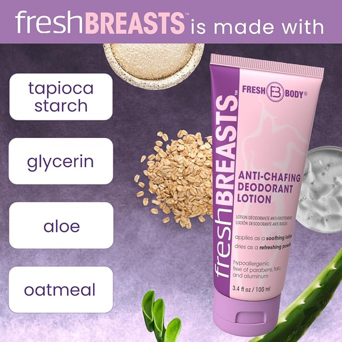 Fresh BREASTS Anti Chafing Deodorant Lotion to Powder, 3.4oz (2 Pack) - Anti Chafe Cream Whole Body Deodorant for Women, Inner Thighs & Areas that Sweat, No Talc, Aluminum or Added Fragrance