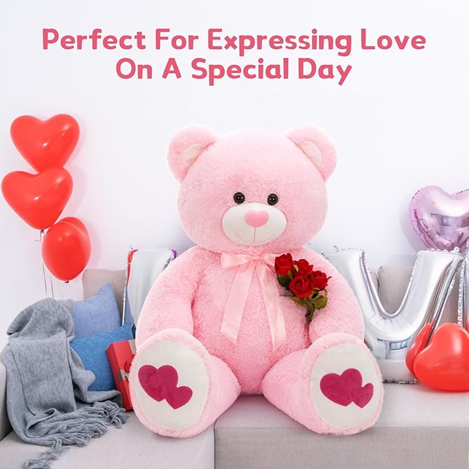 MaoGoLan Giant Pink Teddy Bear Plush 42",Big Bear Stuffed Animal with Heart Footprints and Heart Nose,Large Valentines Teddy Bear for Girlfriend,Wife,Lover-Anniversary, Birthday,Long Distance