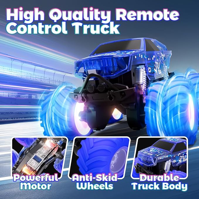 Drefirsa Amphibious Monster Truck Toy, Waterproof Remote Control Car, 4WD Off-Road RC Truck with Colorful Light, RC Stunt Car Toy for 4-7 8-12 Year Boy Birthday Gift Present