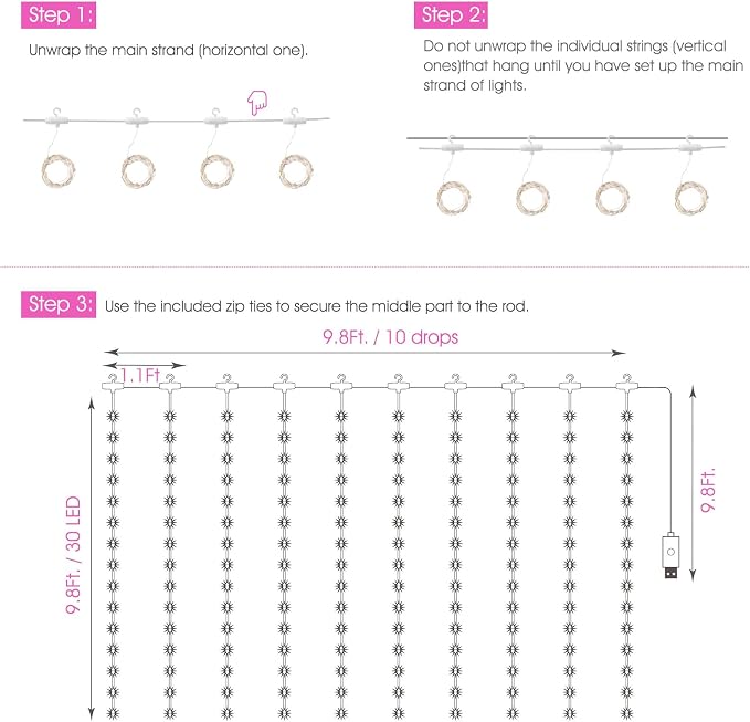 Minetom Curtain Lights, 300 LED Dimmable Fairy Lights with Remote and Timer, 8 Modes, USB Powered String Lights for Room Wall Party Xmas Indoor Decor, Pink
