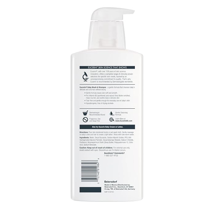 Eucerin Baby Unscented Baby Shampoo and Body Wash, Hypoallergenic, Tear Free Shampoo and Wash with Pro-Vitamin B5 and Shea Butter, 13.5 Fl Oz Bottle 3 pack