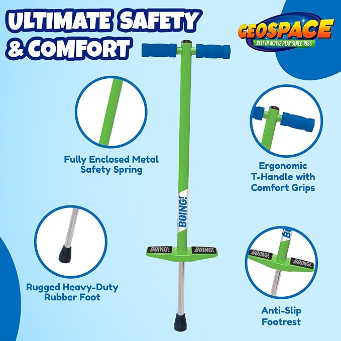 Geospace Jumparoo BOING! JR. Steel POGO STICK by Air Kicks, Small for Kids 50 to 90 Lbs - Active Play Outdoor Fun that Promotes Exercise & Balance Skills (Green)