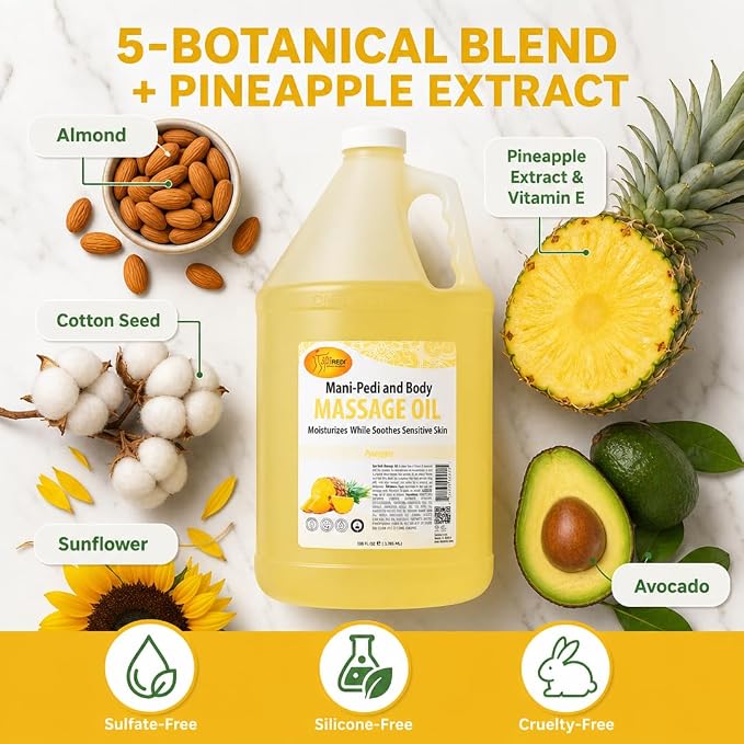 SPA REDI Pineapple Massage Oil – 5-Botanical Blend with Almond, Avocado & Vitamin E | Professional Spa & At-Home Full Body Use | Cruelty-Free, Sulfate-Free, Silicone-Free, Zero-Residue | 128 oz