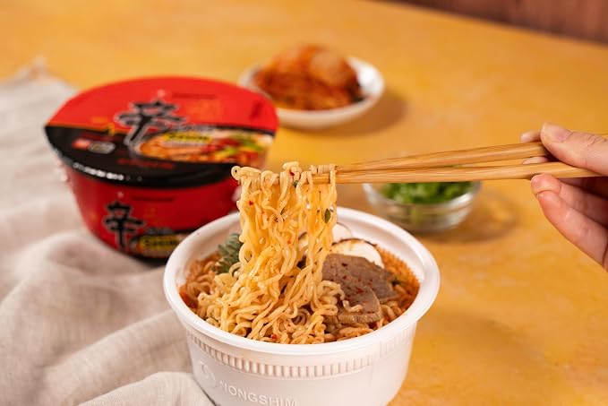 Nongshim Shin Ramyun Bowl Noodles, Spicy Korean Signature Instant Ramyun, Rich Beef Flavored Broth, Quick and Easy, Microwaveable Bowl, 3.03 oz (Pack of 24)