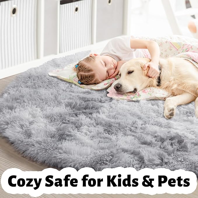 Amdrebio Tie-Dyed Light Grey Round Area Rugs for Living Room, 6x6 Ft, Soft Large Circle Rugs for Bedroom, Big Shag Fluffy Fuzzy Carpet for Kids Room, Modern Floor Circular Rug, Furry Farmhouse Rug