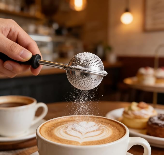 Stainless Steel Tea Strainer for Loose Tea with Silicone Good Grip Long Handle, Fine Mesh Tea Infuser Ball Dusting Wand for Flour n Sugar