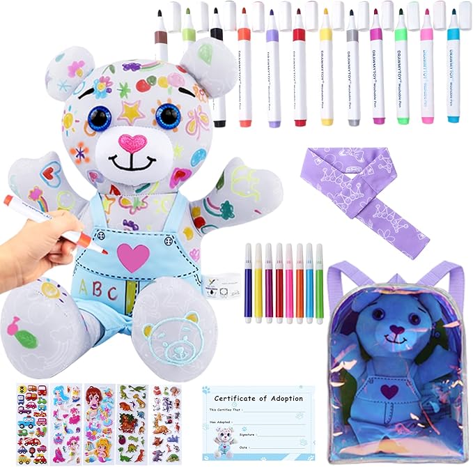 Stuffed Animal Coloring Plush Toy with 20 Washable Markers Laser Holographic Backpack Road Trip Car Game Writing Painting Set for Girls Doodle Dolls Kids Ages 3-6 Birthday(Blue Bear)