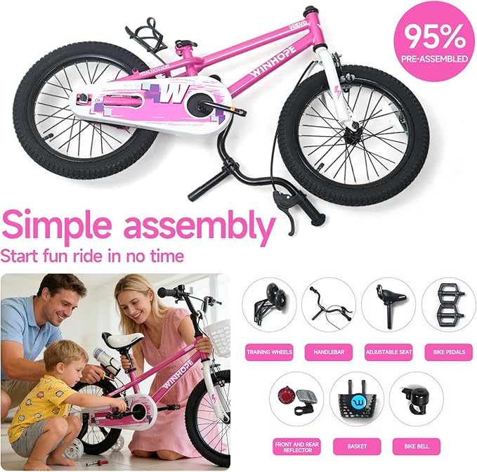 WinHope Kids Bike, 12-18 Inch Toddler Bicycle with Removable Training Wheels and Dual Brakes, Children Bike for Beginner with Adjustable Seat and Headlebar for 2-9 Years Boys Girls, Multiple Colors