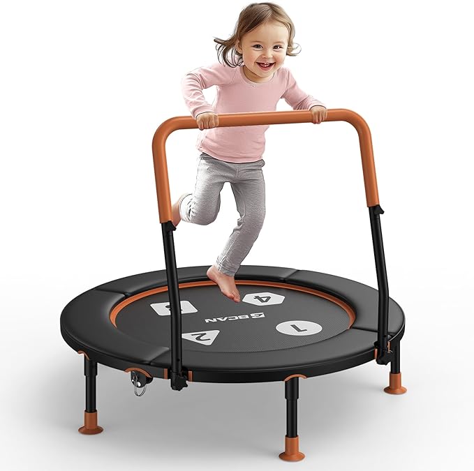 BCAN BT1 36'' Toddler Trampoline, ASTM Certified-Foldable Mini Trampolines for Kids Ages 1-6, Adjustable Handle, Safety Pad & Foldable Legs, Baby Trampoline Indoor/Garden, Gift for Boy and Girl
