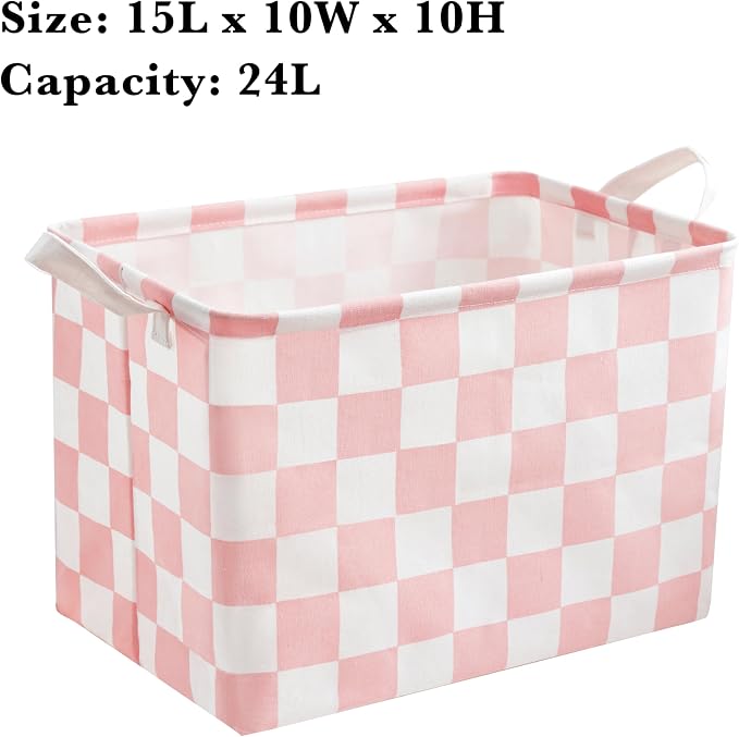 Ohocut Pink White Checkered Canvas Basket, Rectangular Organizing Decorative Storage Basket for Kids Dog Toy, Cute Aesthetic Race Cars Boy Room Decor for Home, Kitchen, Bedroom, Classroom, Shelves