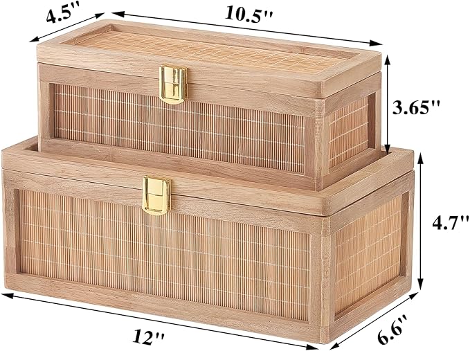 Natural Bamboo Decorative Box with Lids, Unique Decorative Boxes Set of 2, Boho Wedding Keepsake Box, Memory Box with Lid for Crafts, trinkets and Photo Storage