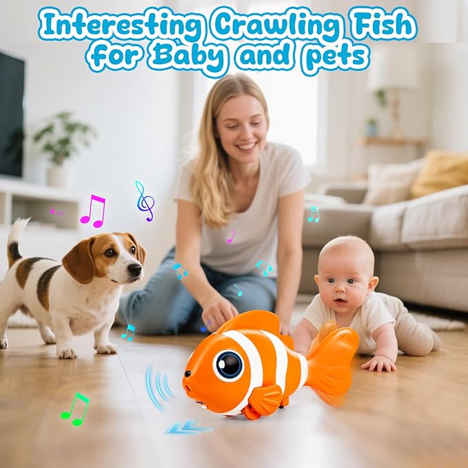 Crawling Fish Baby Toys, Novelty Tummy Time Toys for Babies 6-12 Months, Magic Swinging Fish Music Crawling Toys for Infant Toddler 12-18 Learning Crawl Walking Dancing 1st Valentines Days Gift