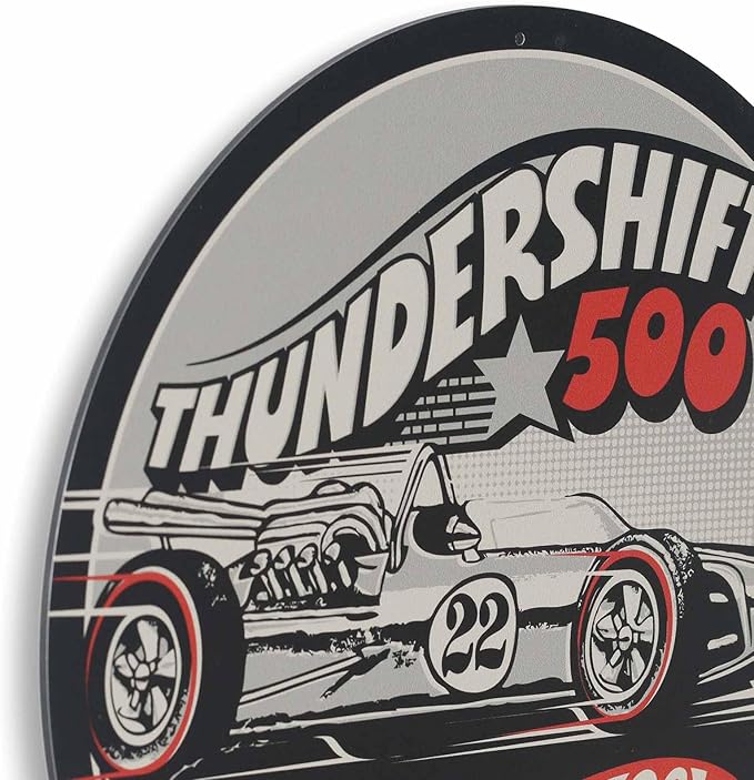 Mattel Hot Wheels Thundershift 500 Round Metal Sign - Vintage Hot Wheels Sign for Kids' Bedroom, Play Room or Man Cave