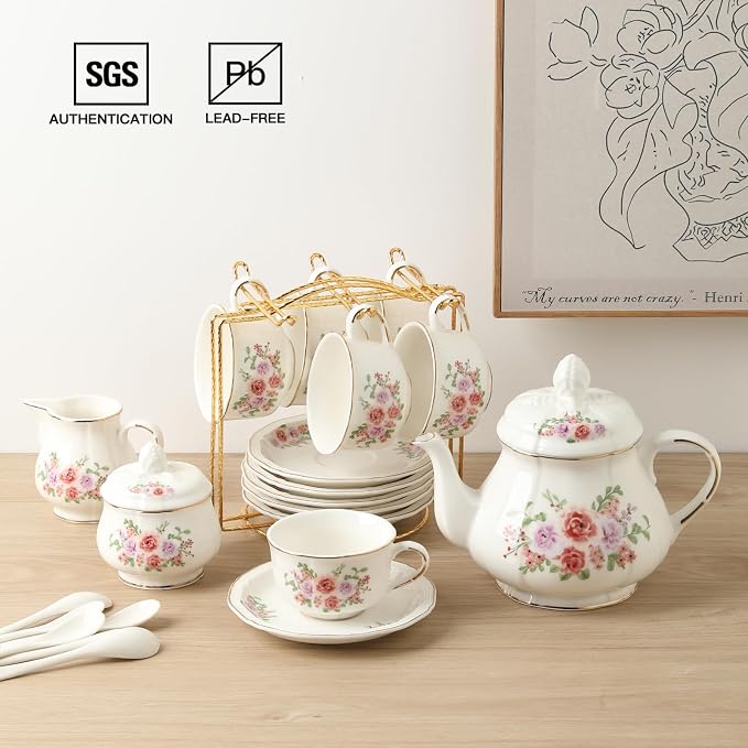 Sweejar 23 Pcs Floral Tea Sets with Metal Holder, Relief Gold Rim Porcelain Tea Sets for Adults, Cup and Saucer Set for 6, with Teapot, Sugar Bowl, Milk Jug, Spoons (Rose Flower)