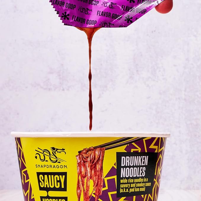 Snapdragon Saucy Instant Noodles with Drunken Noodle Sauce - Quick Meal, Snack, and Lunch.6-Pack Microwave Noodles for Cup, Bowl, Ramen or Asian Stir Fry