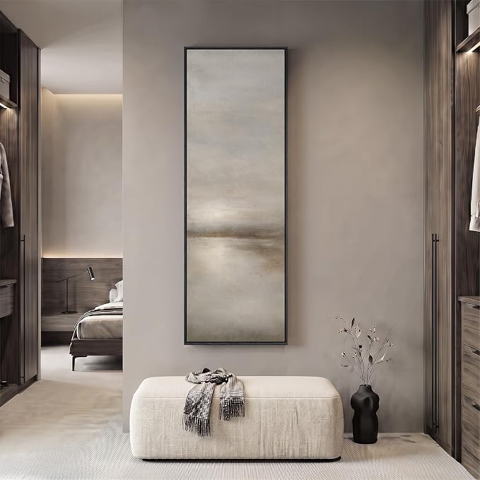Large Framed Neutral Landscape Abstract Wall Art, Long Vertical 20x60 In | Gray brown pictures, Canvas prints, Wood frame, Modern minimalist lake paintings, Wall decor for hallway living room dining