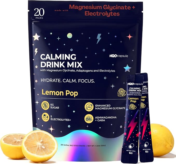 Calm Magnesium Glycinate Powdered Drink Mix with Electrolytes – Sugar Free with Ashwagandha, L-Theanine, Vitamin B6 & GABA – Cortisol Support, Stress Relief, Hydration & Focus - 20 servings (Lemon)