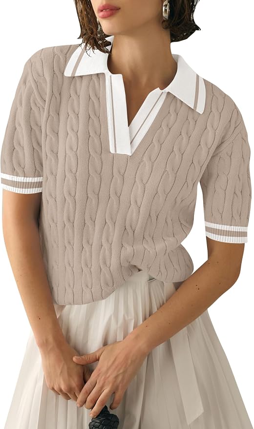 Micoson Womens Short Sleeve Sweater Tops Lapel V Neck Polo Shirts 2026 | Summer Cable Knit Loose Blouses, Business Casual Outfits