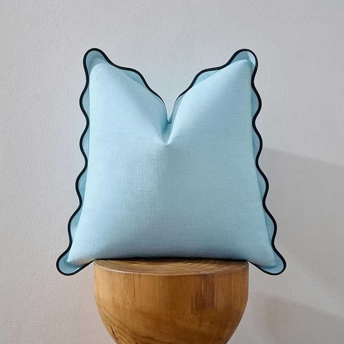 Scalloped Throw Pillow Covers Set of 2 for Living Room, Boho Sytle Decorative Home (Blue & Teal, 20x20 Inch)