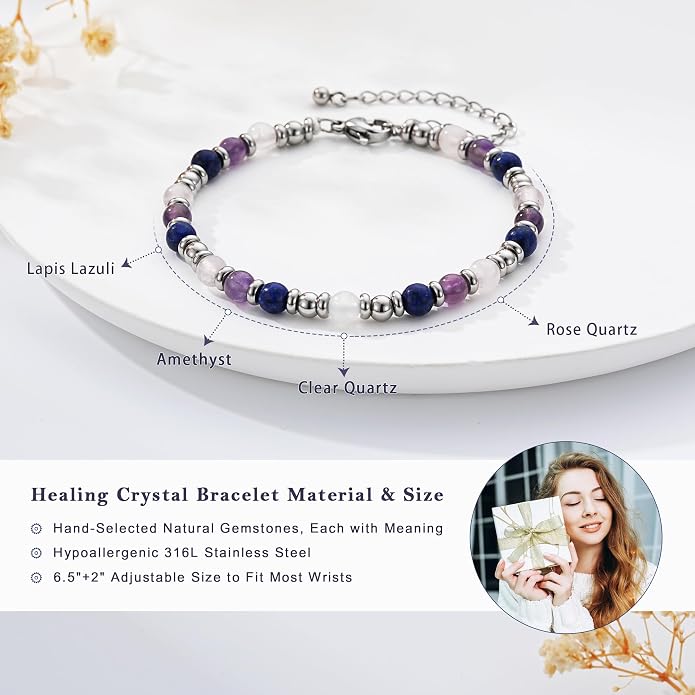 Zocomi Natural Healing Crystal Bracelet for Women, Anxiety Relief Triple Protection 7 Chakras Jewelry Gift for Friends Daughter Mom 6.5+2 Inches