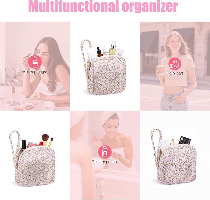 Small Makeup Bag | Discreet Period Bag Pad Pouch for Purse | Sanitary Napkin Storage & Tampon Holder for Travel (Flower Pink)