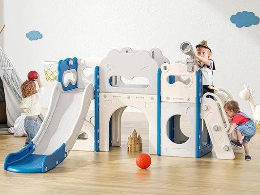 Toddler Slide Indoor, 8 in 1 Indoor Playground for Kids 1-3 Toddler Playset with Climber, Basketball Hoop, Tunnel and Storage Space Kids Outdoor Slide Playset (Blue)