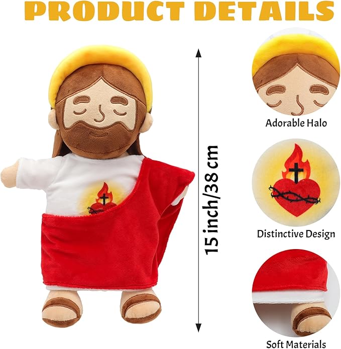 Soothing Jesus Plush Toys with Light & Sound, Jesus Stuffed Breathing Plushy Doll, Christian Catholic Religious Plushie Christmas Easter Gifts for Kids Baby (Brown)