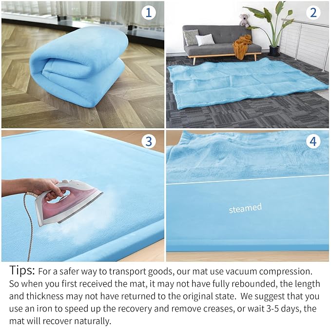 Baby Play Mat for Floor,1.3" Thick Memory Foam Tummy Time Mat,Soft Coral Velvet Nursery Rug,Large Non Slip for Crawling,Toddlers,Infants,Kids,Yoga & Tatami Style for Living Room(Light Blue)
