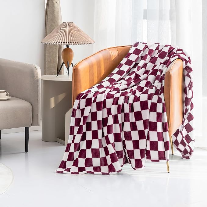 LOMAO Throw Blankets Flannel Blanket with Checkerboard Grid Pattern Soft Throw Blanket for Couch, Bed, Sofa Luxurious Warm and Cozy for All Seasons (Burgundy, 40"x60")