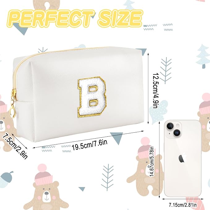URSKYTOUS Gifts for Girls Initial Makeup Bag Personalized Cosmetic Bag with Zipper Cute Travel Toiletry Bags Waterproof PU Preppy Makeup Pouch Birthday Gift for Teen Girls Women(White B)