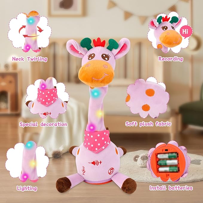 LUKETURE Purple Musical Talking Dancing Giraffe Plush Toy, Talking Baby Toy with Lights, 10 Songs and Voice Repeat, Soft Sensory Gift