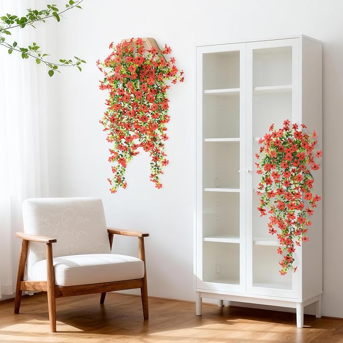 Artificial Fake Hanging Flowers Plants for Outdoor Spring Summer Decoration | 2 PCS Faux Silk Daisy with Eucalyptus Leaves,UV Resistant Look Real for Outside Home Planter Porch Patio Balcony Yard Decor