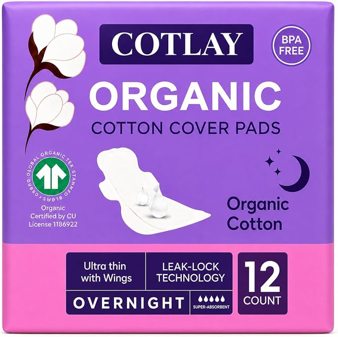 Organic Cotton Overnight Pads | Thin, Ultra Absorbent and Long Pads | Overnight Pads for Women | Sanitary Pads for Women Overnight | Period Pads | for Sensitive Skin,Overnight Maxi Pads (12 Count)