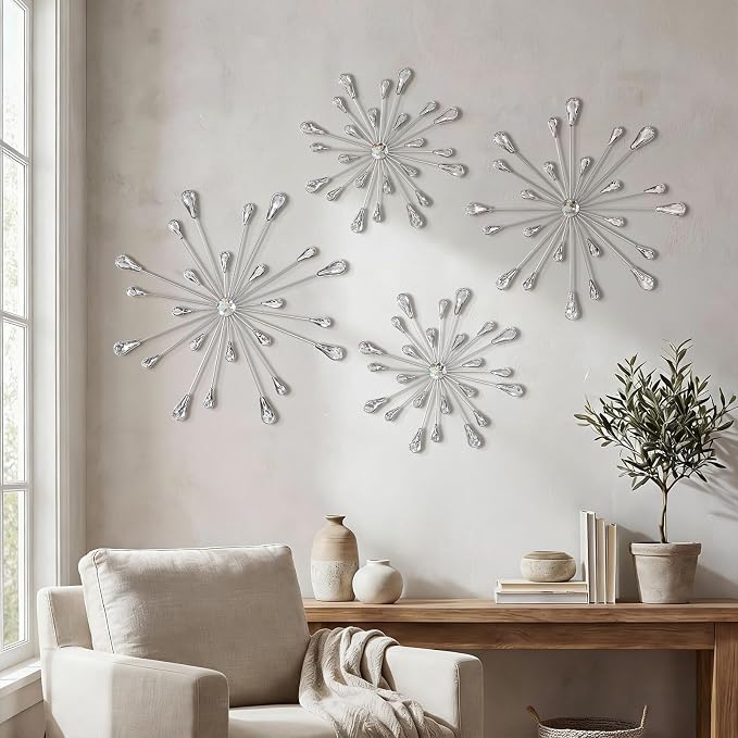 ZEXUIRU 4 Set Silver Starburst Wall Art for Home Decor Metal Bling Crystal Rhinestones Sunburst Wall Decor Sparkling Rhinestone Art Accent -Silver 13in/11.8in/9.8in/9.8in