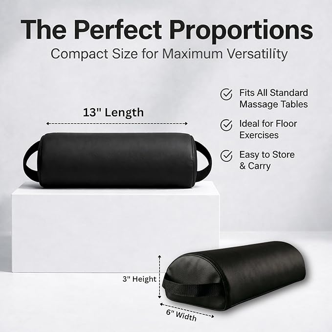 ForPro Premium Half-Round Neck Bolster Pillow for Massage Table, Semi-Round Support Cushion for Neck, Knee & Ankle, High-Density Foam, Oil & Stain-Resistant, Black, 6"W x 3"H x 13"L