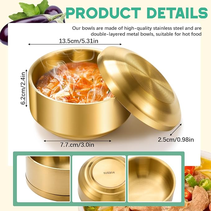 Reallnaive 4 Sets 17 oz Stainless Steel Korean Soup Rice Bowl with Lid for Cereal Kitchen Restaurant Double-walled Anti Scalding Metal Bowls for Soup Salad Noodles Insulated