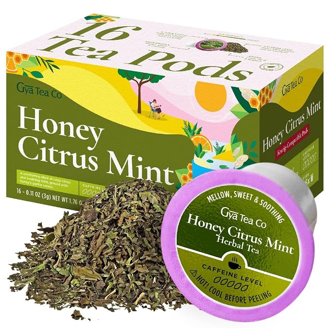 Gya Tea Co Honey Citrus Mint Herbal Tea Pod (16 Count)- Decaf Wellness Tea for Body Comfort & Relaxing