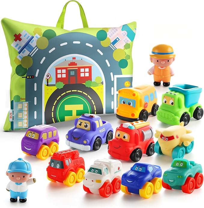 Soft Rubber Toy Figure Car for 1 Year Old Boy with Playmat (Storage Bag)|12 PCS Cartoon Cars Baby Toys for 12-18 Months & Toddler Age 1-2|First Birthday for 1 2 3 Year Old Boy