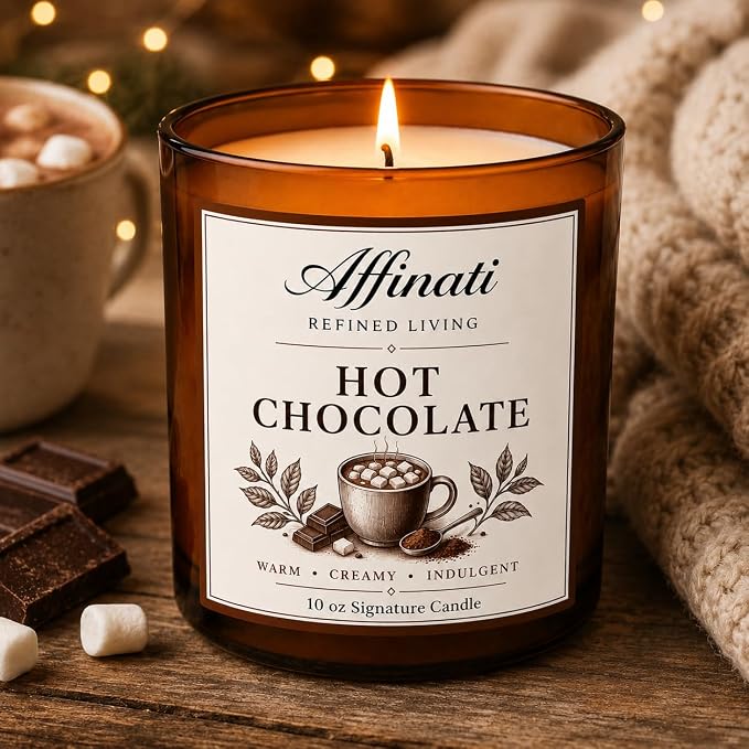 Affinati Hot Chocolate 10 oz Scented Candle – Long Lasting Winter Holiday Soy Blend Candle for Home, Strong Scent Throw Cocoa Marshmallow Gourmand Candle, Premium Home Fragrance Gift