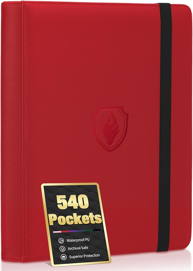 Premium 9 Pocket Card Binder for 540 Cards, Fabmaker PU Cover Trading Card Binder, Sturdy Card Collection Album, Sleek Card Holder Folders for Game Cards & Sports Cards, Red