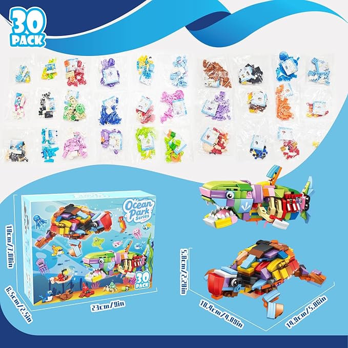 30 Packs Ocean Party Favors for Kids 895 PCS Mini Marine Animals Building Blocks for Goodie Bag Stuffers, Bulk Classroom Prizes, Christmas Birthday Party Favors for Boys Girls Ages 6-12