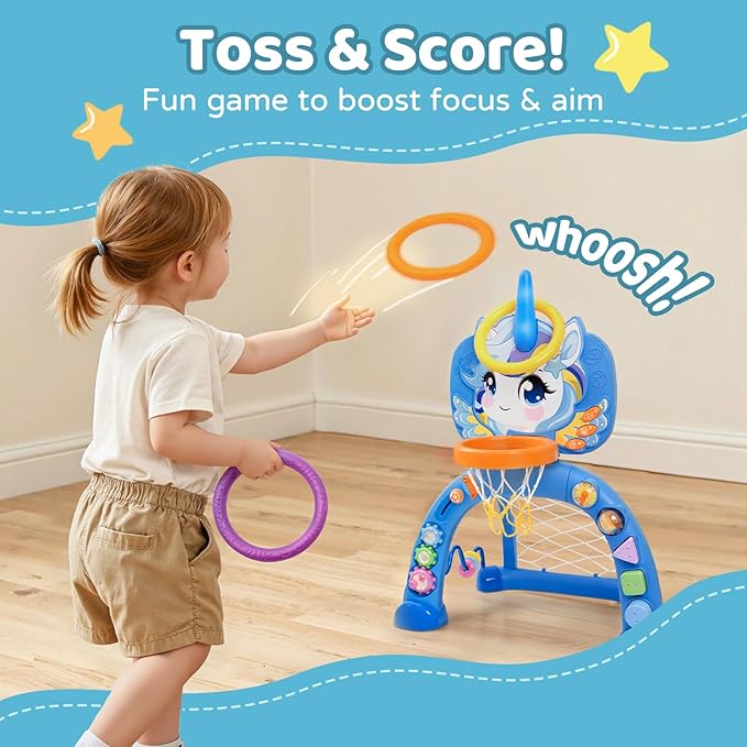 Fabeto Basketball Hoop & Soccer Goal for Toddlers – 3-in-1 Sports Play Set with Ring Toss | Indoor Outdoor Activity Toy for 1 2 3 Year Old Boys | Birthday for Active Play (Blue)