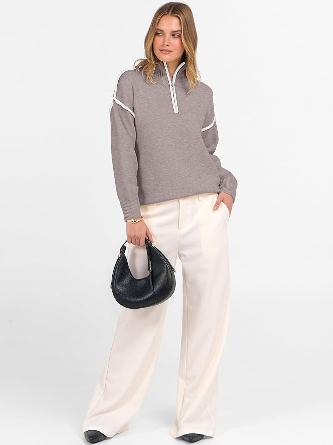 ANRABESS Womens Quarter Zip Sweaters Fall Long Sleeve V Neck Shirts Collared Business Casual Tops Knit Pullover Sweatshirts