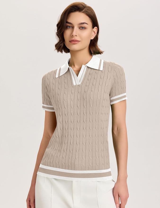 Micoson Womens Short Sleeve Sweater Tops Lapel V Neck Polo Shirts 2026 | Summer Cable Knit Loose Blouses, Business Casual Outfits